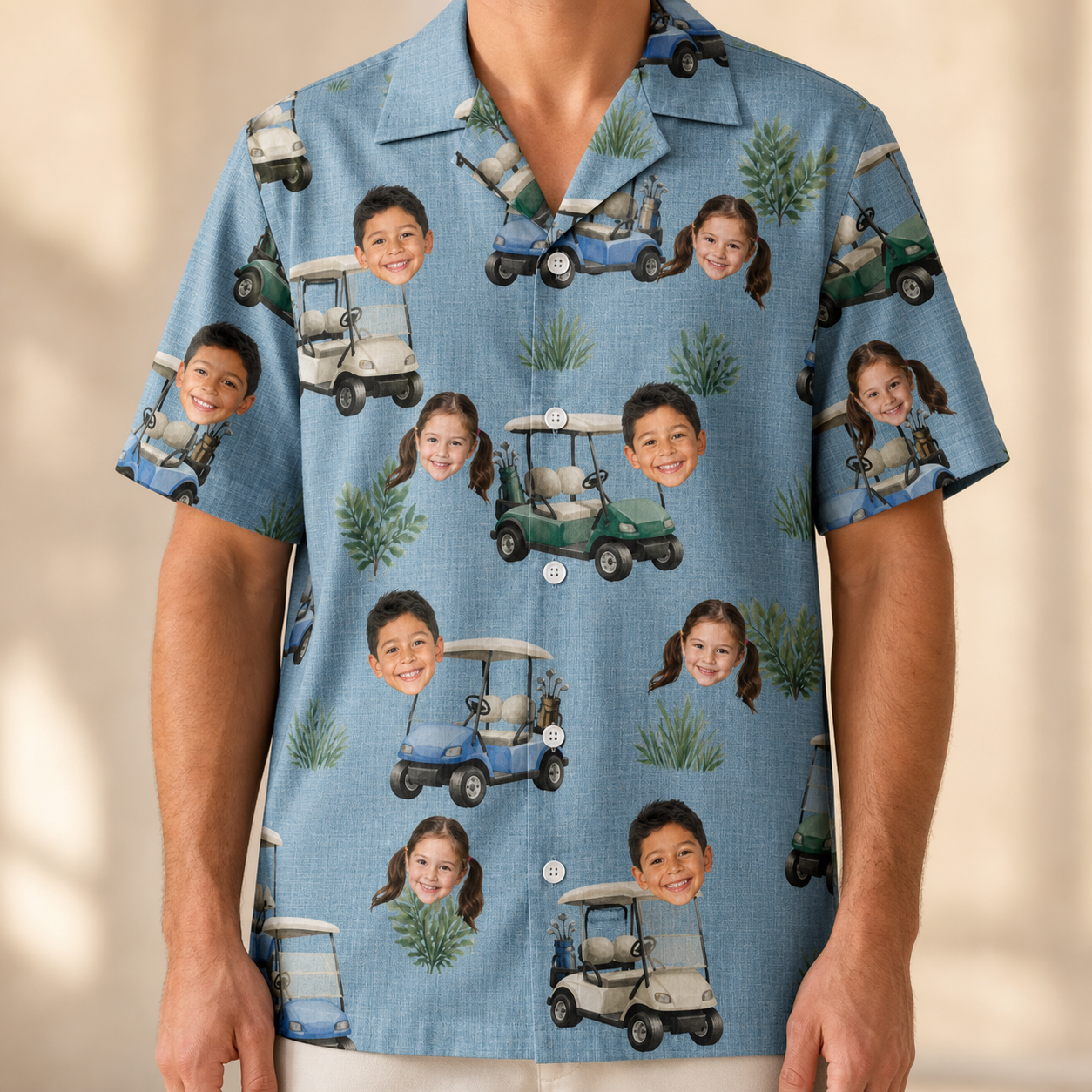 Model wearing Men's Cart Blanche Custom Face Hawaiian Shirt printed with kids' faces
