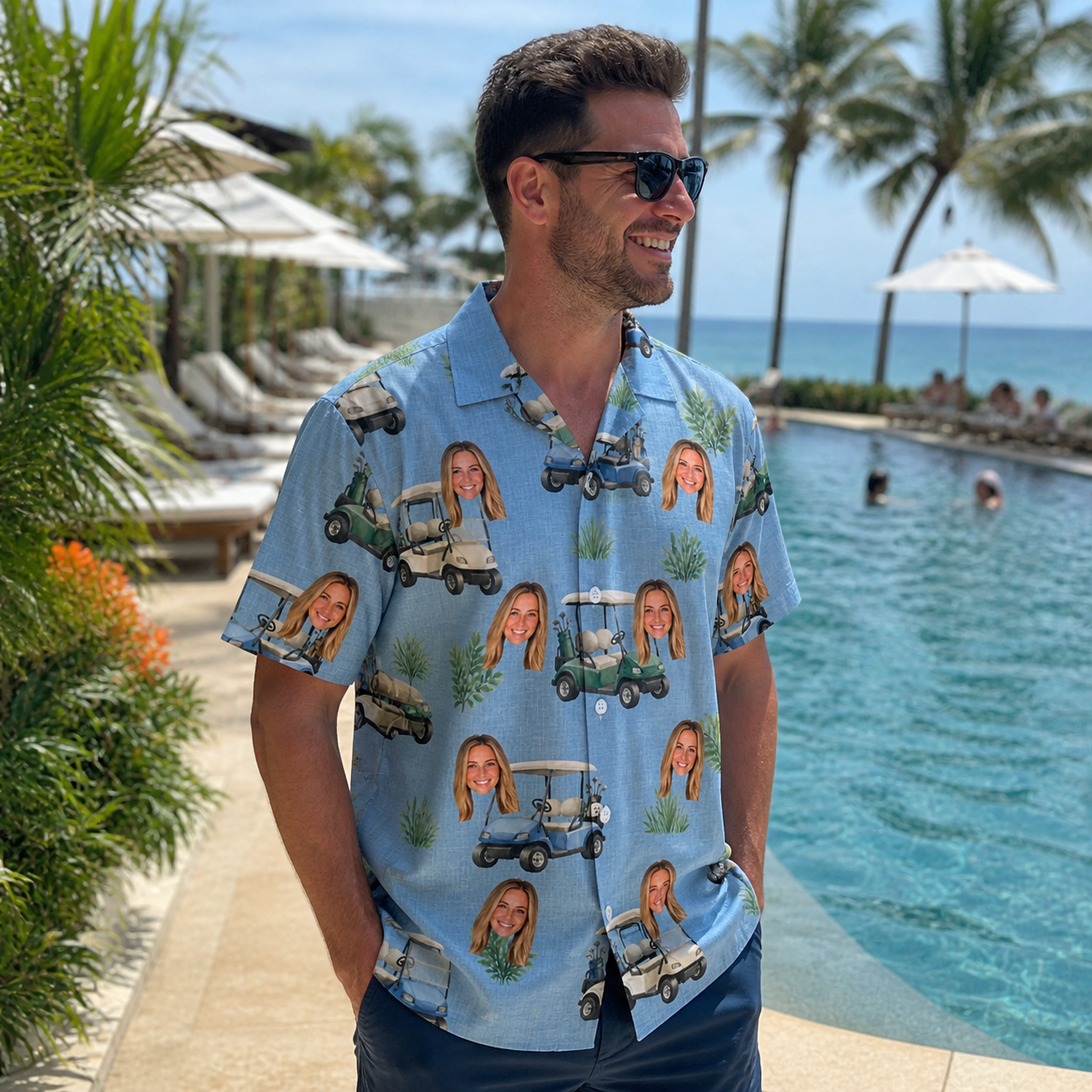 Real-life photo of someone wearing Men's Cart Blanche Custom Face Hawaiian Shirt — custom faces printed all-over