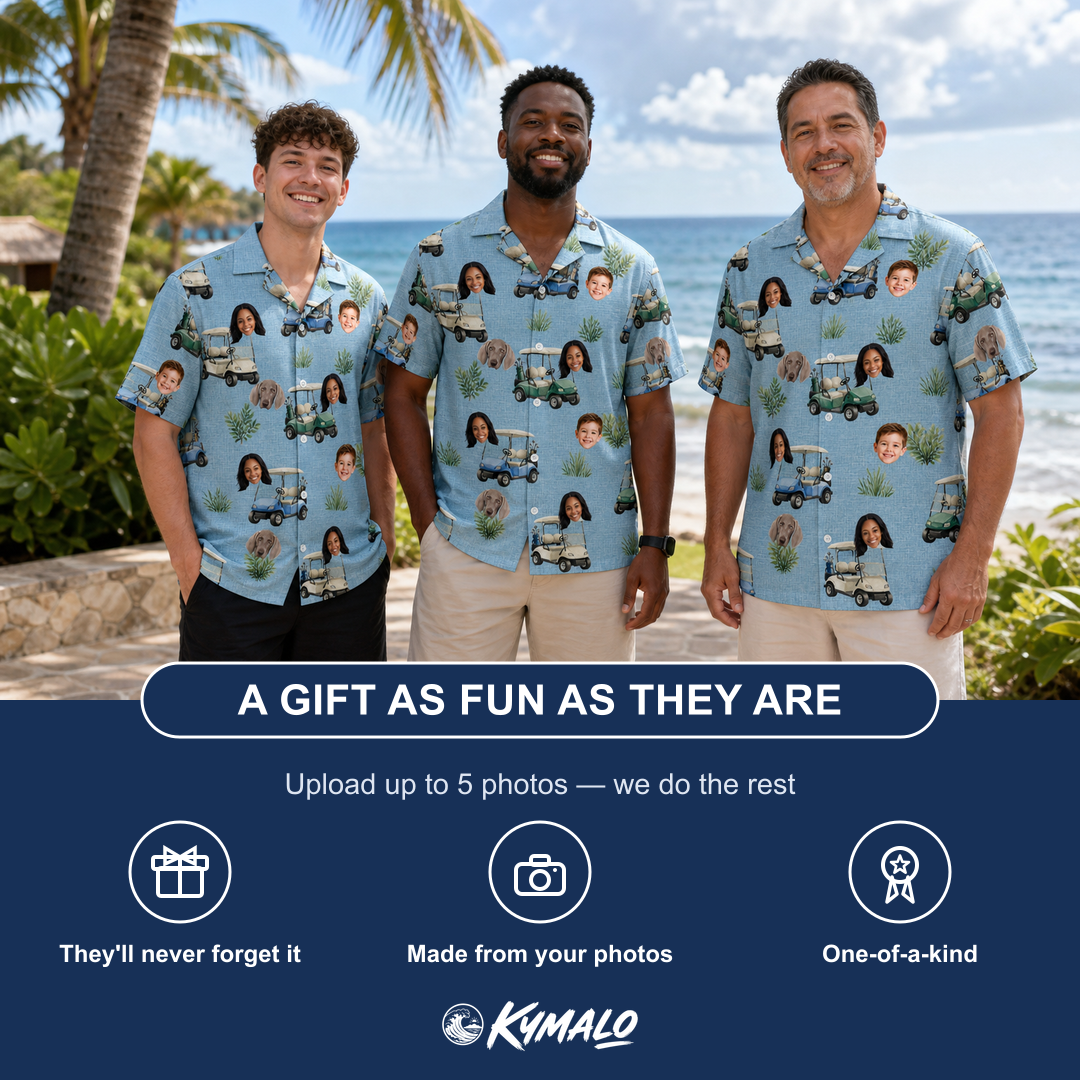 Friends in matching Men's Cart Blanche Custom Face Hawaiian Shirt — a group gift photo