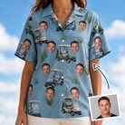 Woman wearing Women's Cart Blanche Custom Face Hawaiian Shirt — custom faces printed all-over
