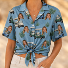 Woman wearing Women's Cart Blanche Custom Face Hawaiian Shirt tied at the waist