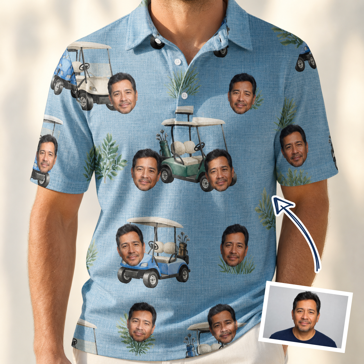 Man wearing Men's Cart Blanche Custom Face Polo Shirt — custom faces printed all-over