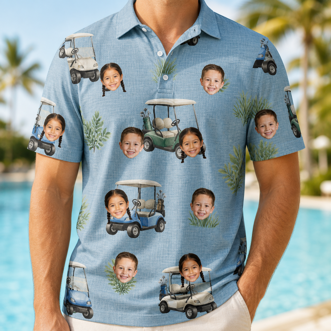 Model wearing Men's Cart Blanche Custom Face Polo Shirt printed with kids' faces