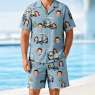 Model wearing Men's Cart Blanche Custom Face Shirt & Shorts Set printed with kids' faces