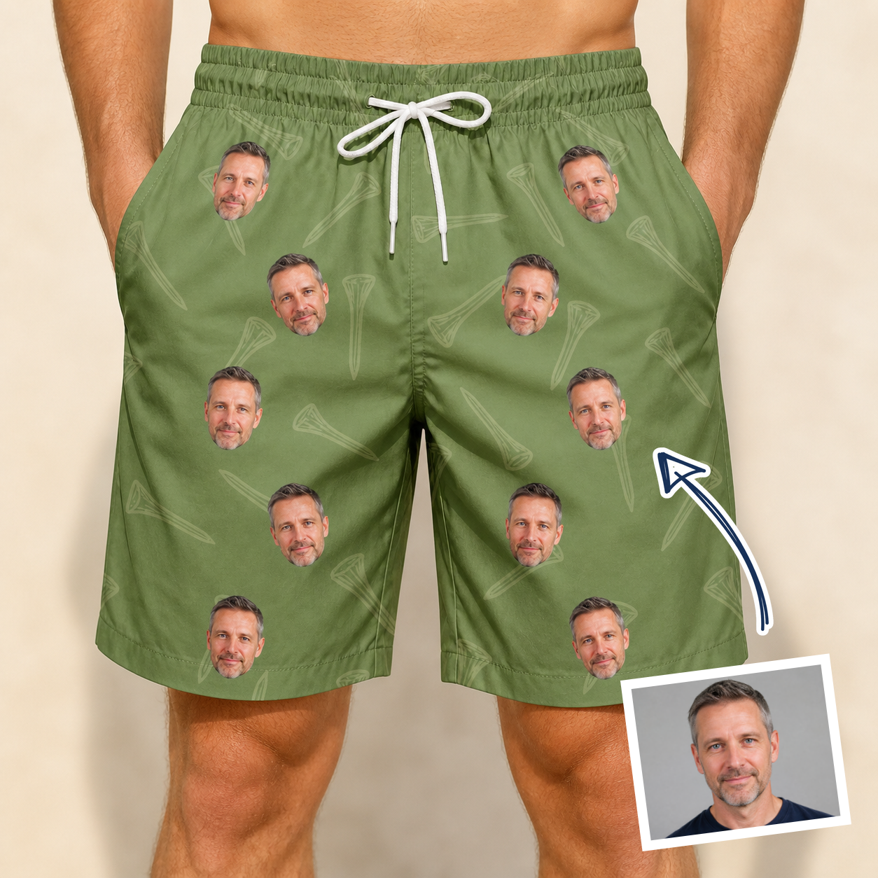 Man wearing Men's Fairway Flair Custom Face Beach Shorts — custom faces printed all-over