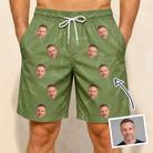 Man wearing Men's Fairway Flair Custom Face Beach Shorts — custom faces printed all-over