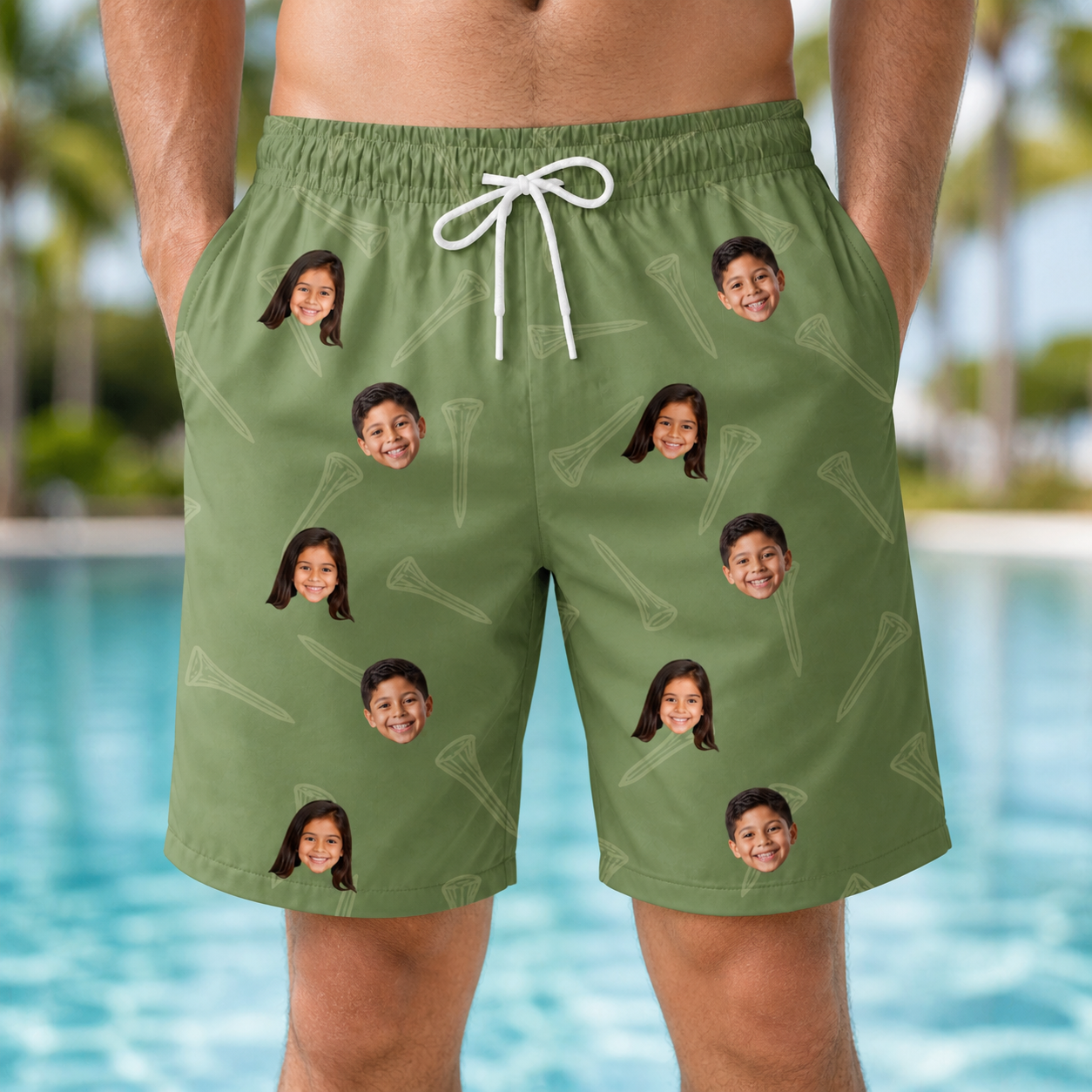 Model wearing Men's Fairway Flair Custom Face Beach Shorts printed with kids' faces