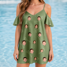 Model wearing Women's Fairway Flair Custom Face Off-Shoulder Dress printed with kids' faces