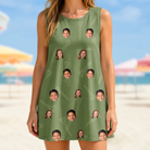 Model wearing Women's Fairway Flair Custom Face Tank Dress printed with kids' faces