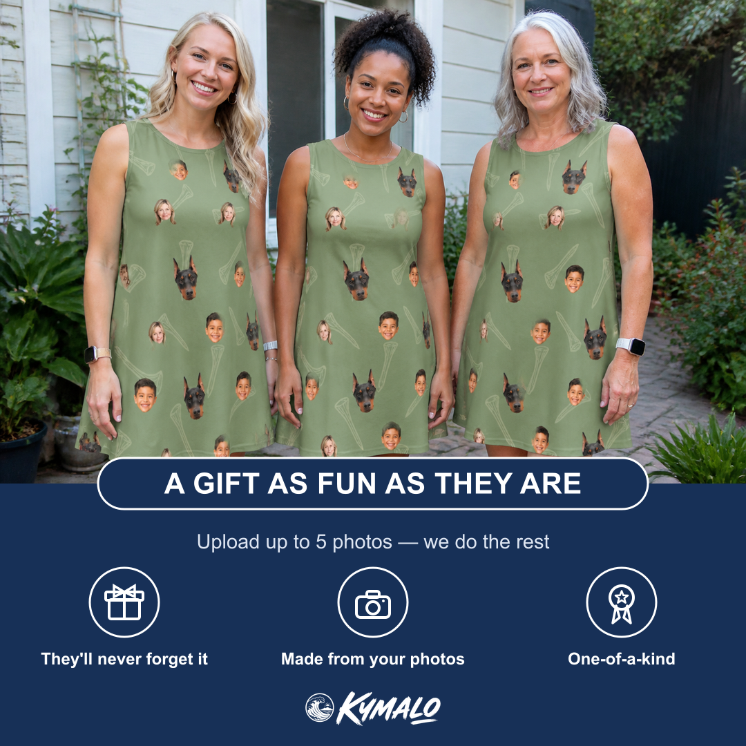 Friends in matching Women's Fairway Flair Custom Face Tank Dress — a group gift photo