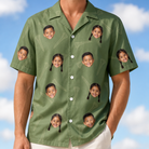 Model wearing Men's Fairway Flair Custom Face Hawaiian Shirt printed with kids' faces
