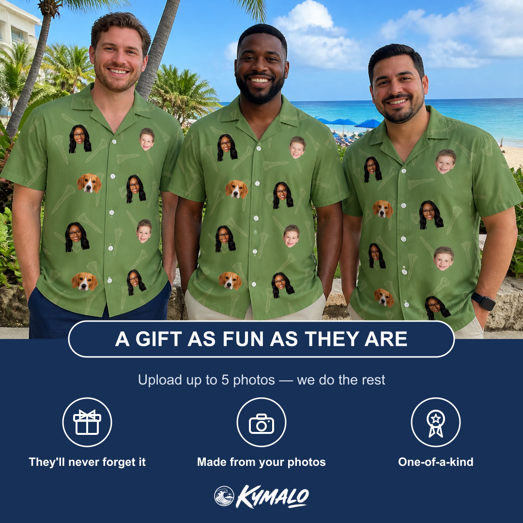 Friends in matching Men's Fairway Flair Custom Face Hawaiian Shirt — a group gift photo
