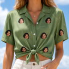 Woman wearing Women's Fairway Flair Custom Face Hawaiian Shirt tied at the waist