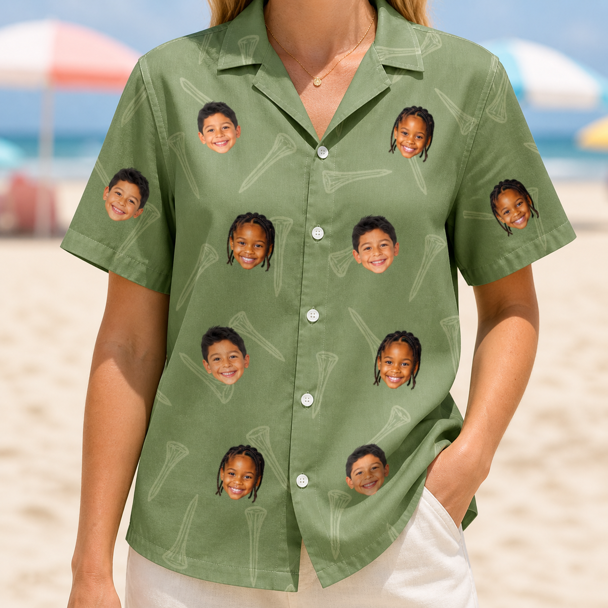Model wearing Women's Fairway Flair Custom Face Hawaiian Shirt printed with kids' faces