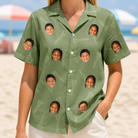 Model wearing Women's Fairway Flair Custom Face Hawaiian Shirt printed with kids' faces