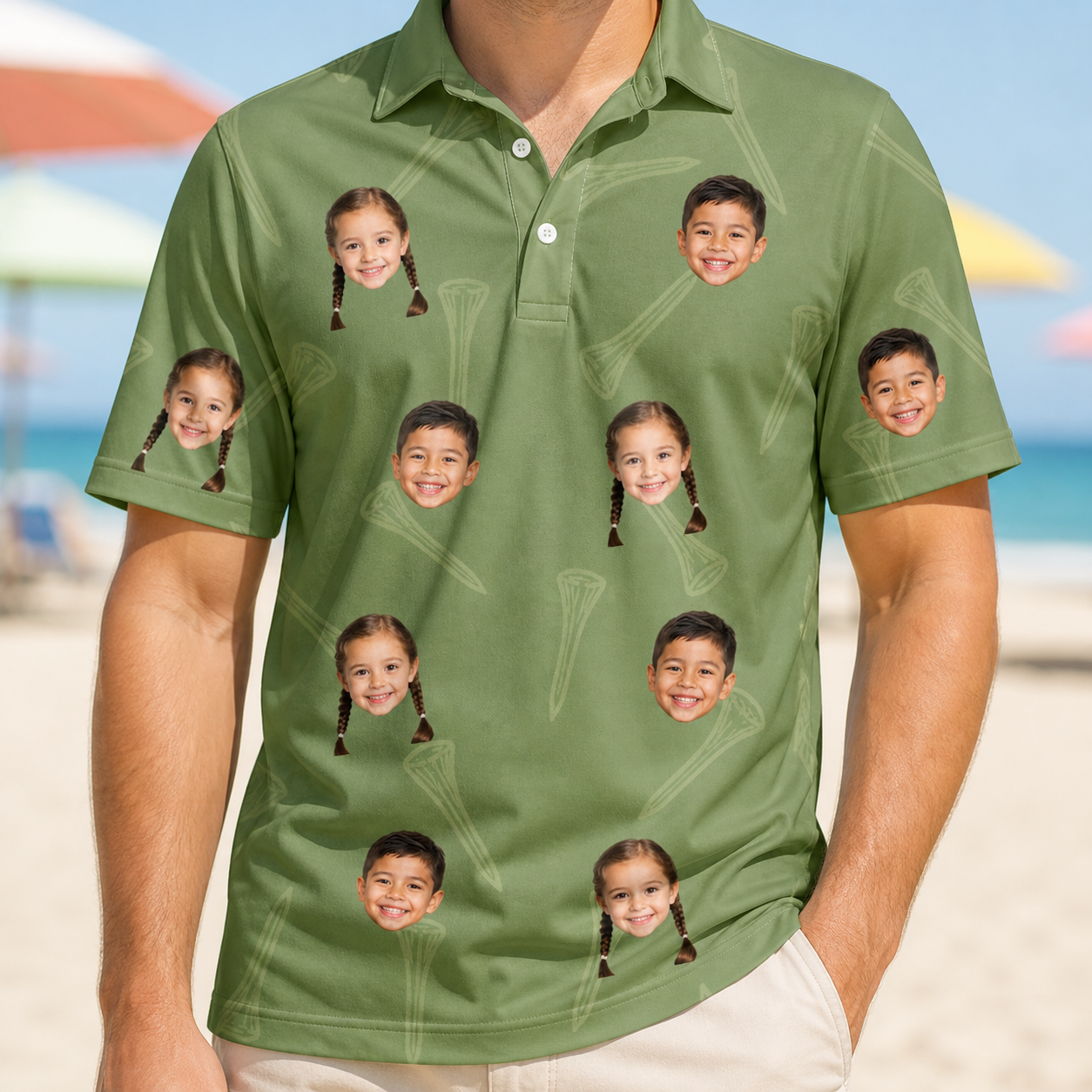 Model wearing Men's Fairway Flair Custom Face Polo Shirt printed with kids' faces