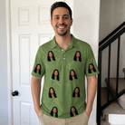 Real-life photo of someone wearing Men's Fairway Flair Custom Face Polo Shirt — custom faces printed all-over