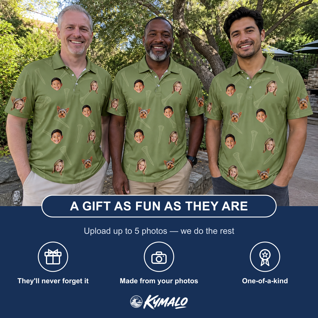 Friends in matching Men's Fairway Flair Custom Face Polo Shirt — a group gift photo