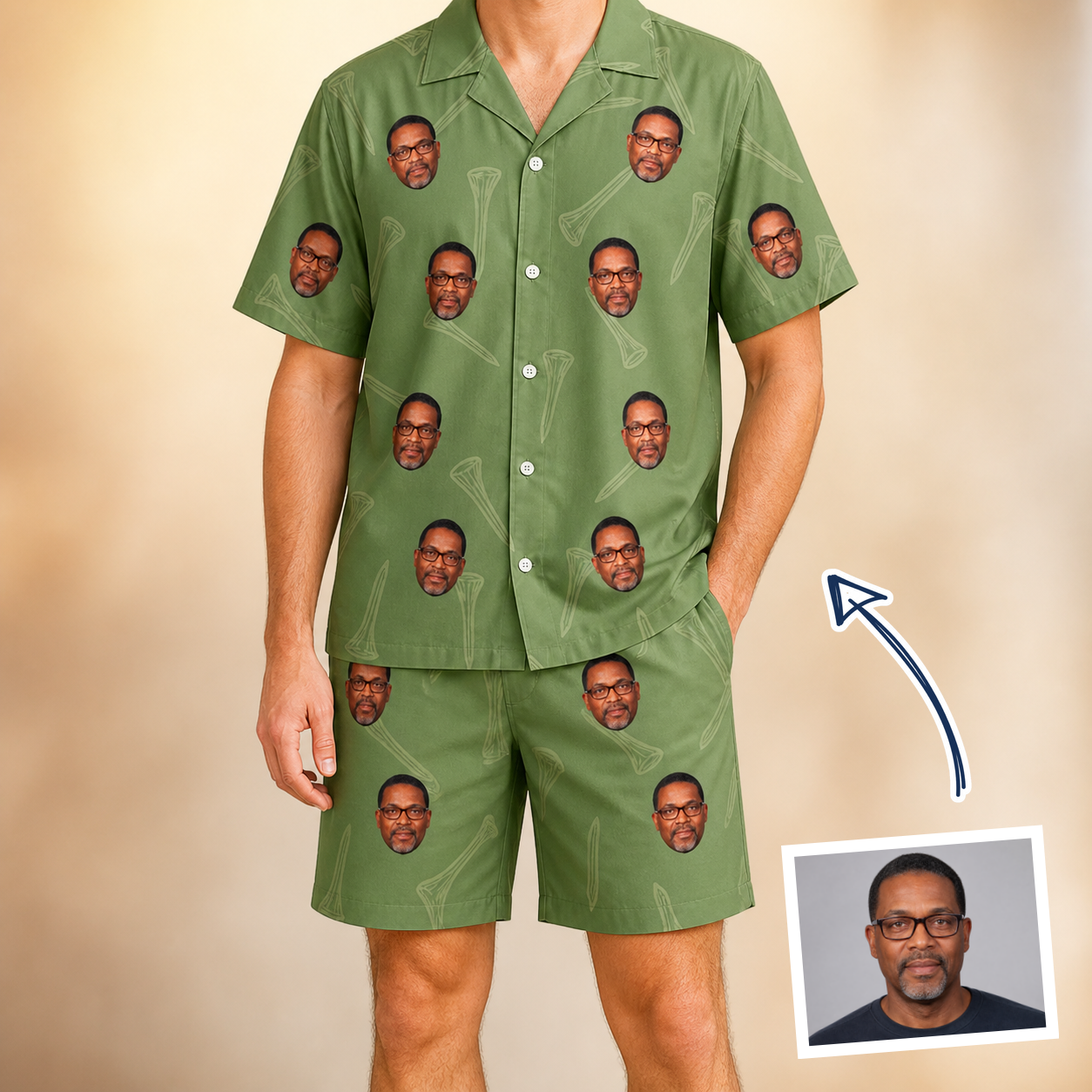 Man wearing Men's Fairway Flair Custom Face Shirt & Shorts Set — custom faces printed all-over