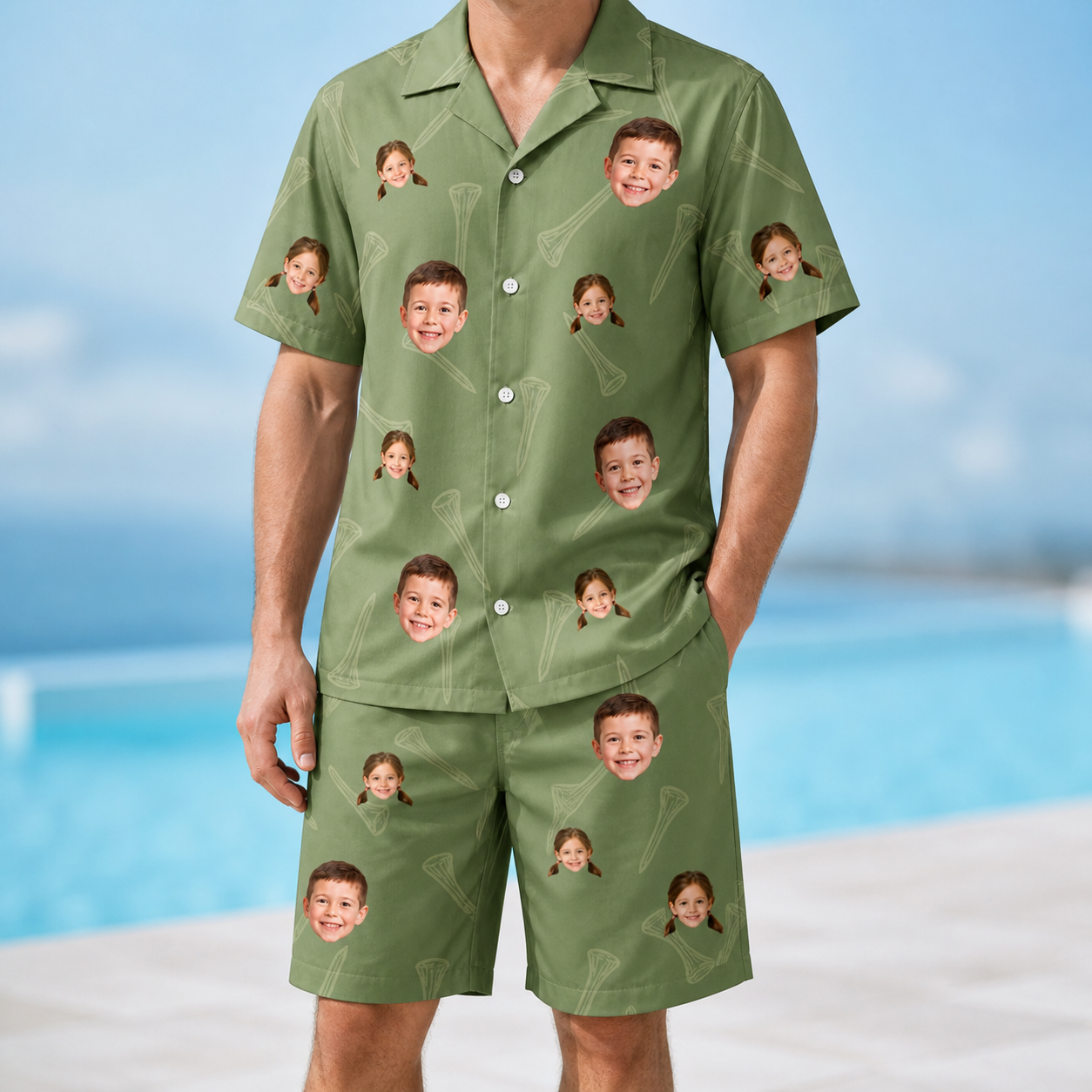 Model wearing Men's Fairway Flair Custom Face Shirt & Shorts Set printed with kids' faces