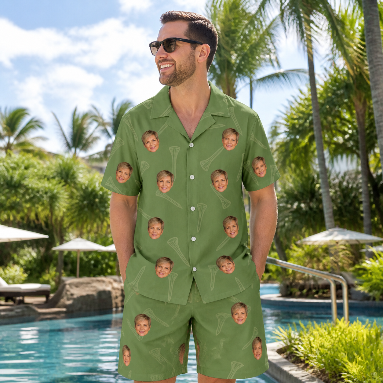 Real-life photo of someone wearing Men's Fairway Flair Custom Face Shirt & Shorts Set — custom faces printed all-over