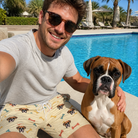Selfie with the pet whose face is printed all over this Men's Chewsy Chompers Custom Dog Face Beach Shorts