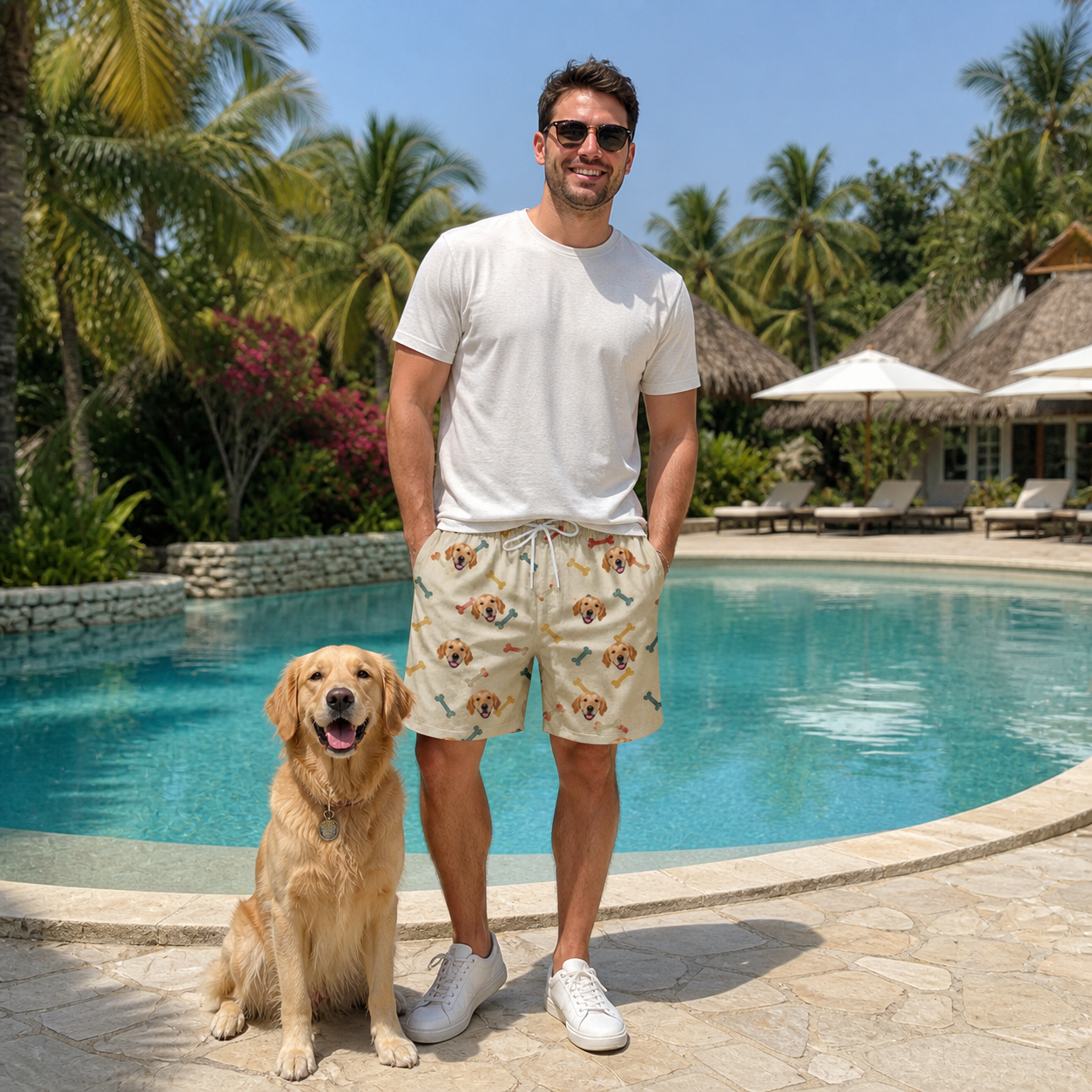 Full-length photo with the pet printed all over this Men's Chewsy Chompers Custom Dog Face Beach Shorts