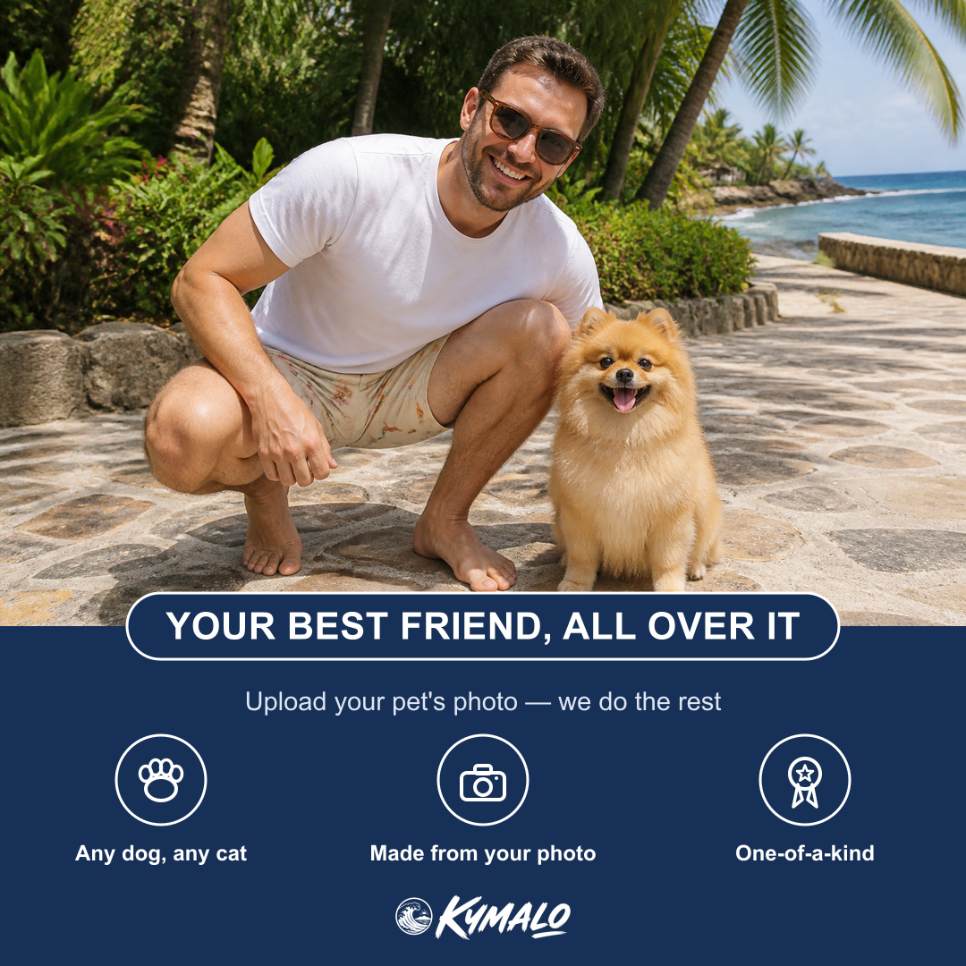 Friends in matching Men's Chewsy Chompers Custom Dog Face Beach Shorts — a group gift photo