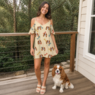 Full-length photo with the pet printed all over this Women's Chewsy Chompers Custom Dog Face Off-Shoulder Dress