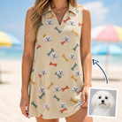 Woman wearing Women's Chewsy Chompers Custom Dog Face V-Neck Dress — custom faces printed all-over
