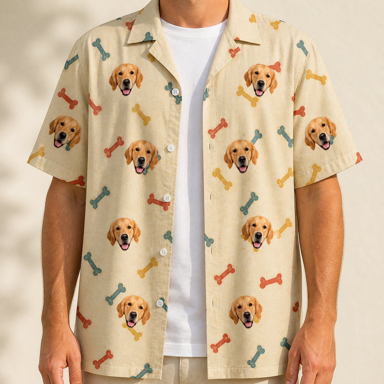 Man wearing Men's Chewsy Chompers Custom Dog Face Hawaiian Shirt open over a white tee