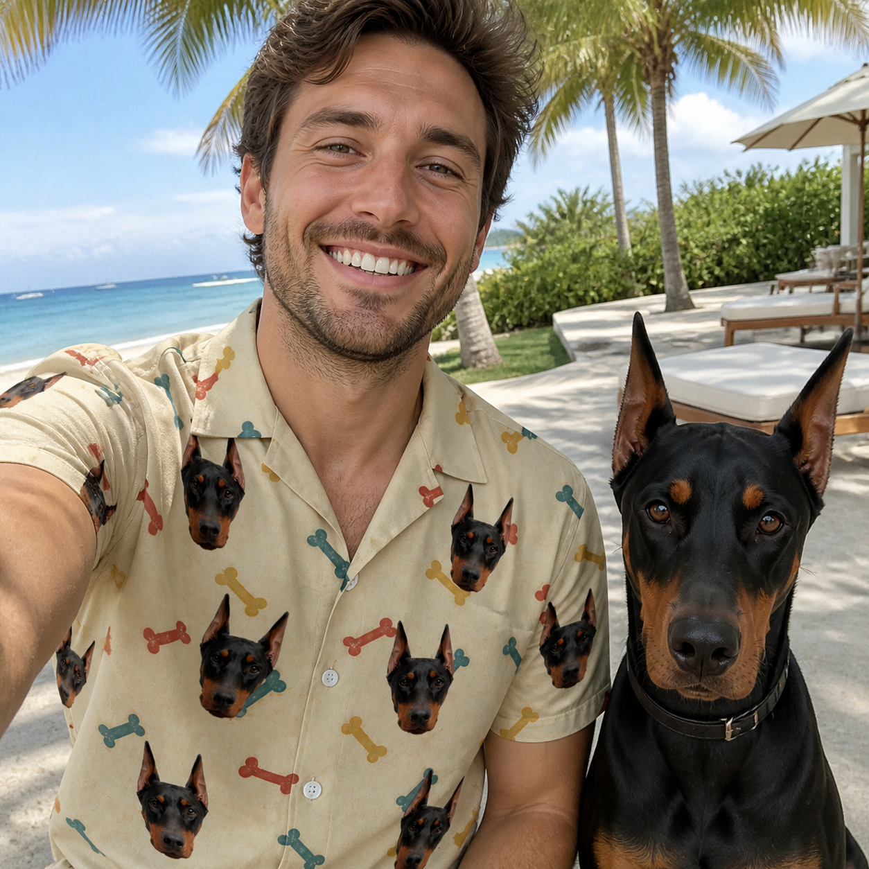 Selfie with the pet whose face is printed all over this Men's Chewsy Chompers Custom Dog Face Hawaiian Shirt