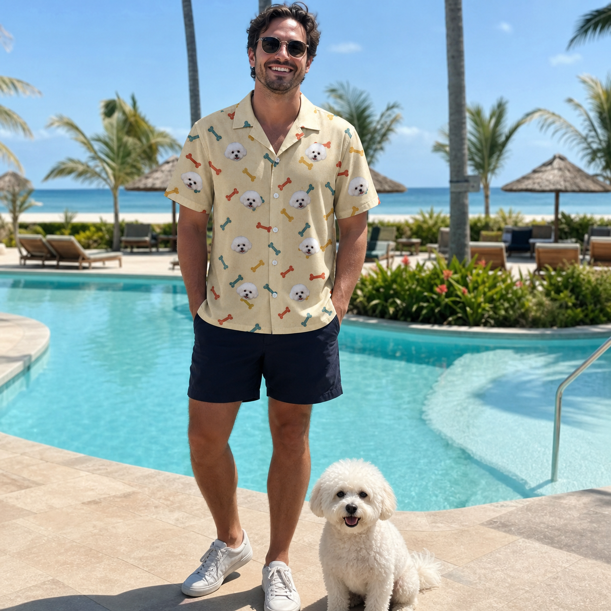 Full-length photo with the pet printed all over this Men's Chewsy Chompers Custom Dog Face Hawaiian Shirt