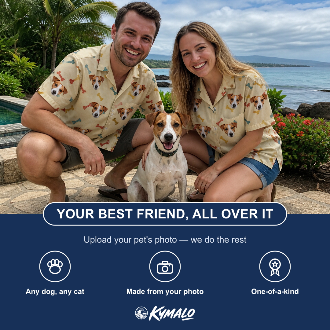 Friends in matching Men's Chewsy Chompers Custom Dog Face Hawaiian Shirt — a group gift photo