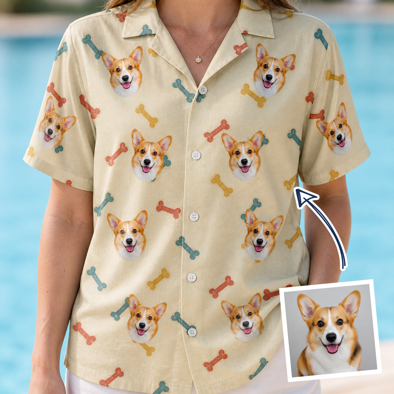 Woman wearing Women's Chewsy Chompers Custom Dog Face Hawaiian Shirt — custom faces printed all-over