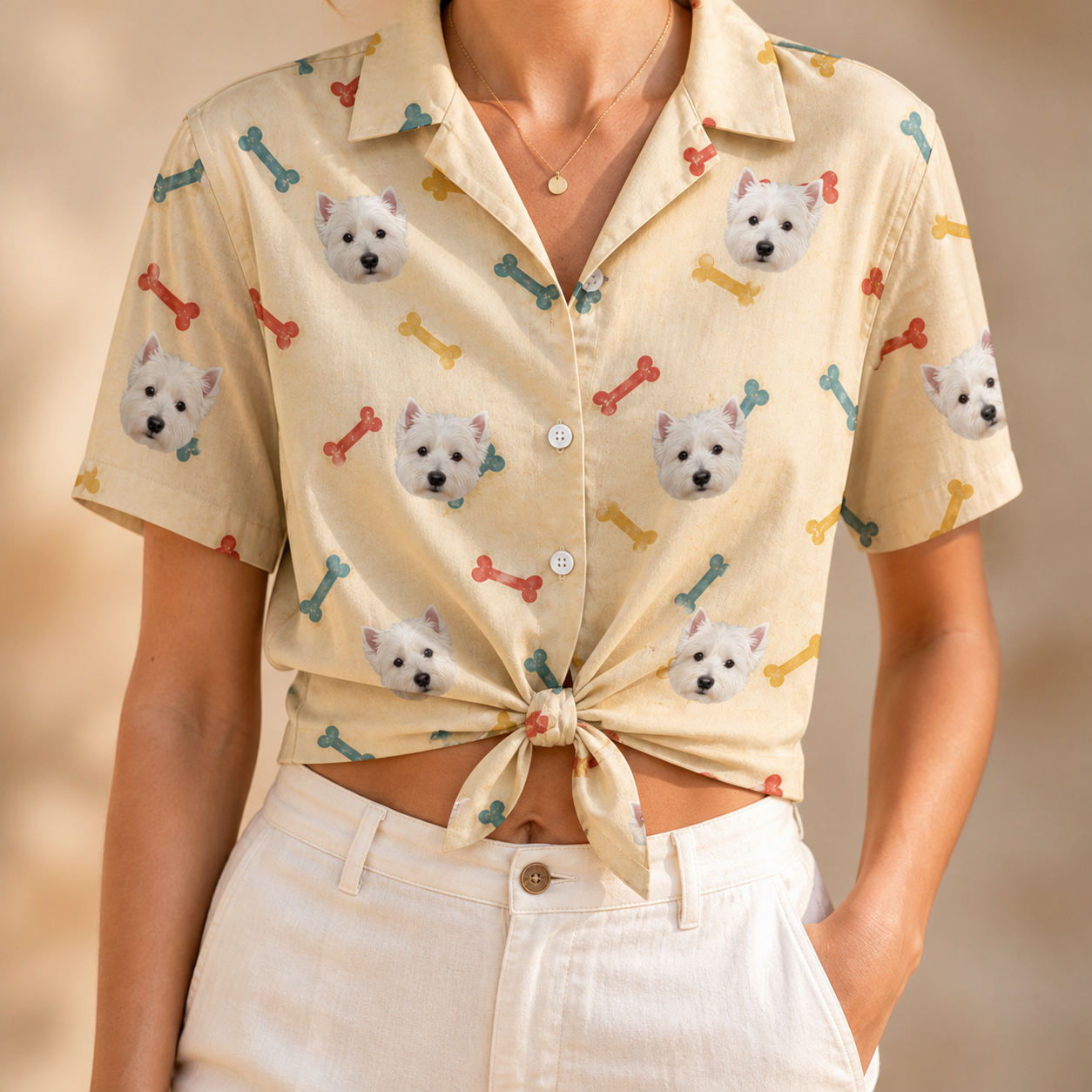 Woman wearing Women's Chewsy Chompers Custom Dog Face Hawaiian Shirt tied at the waist