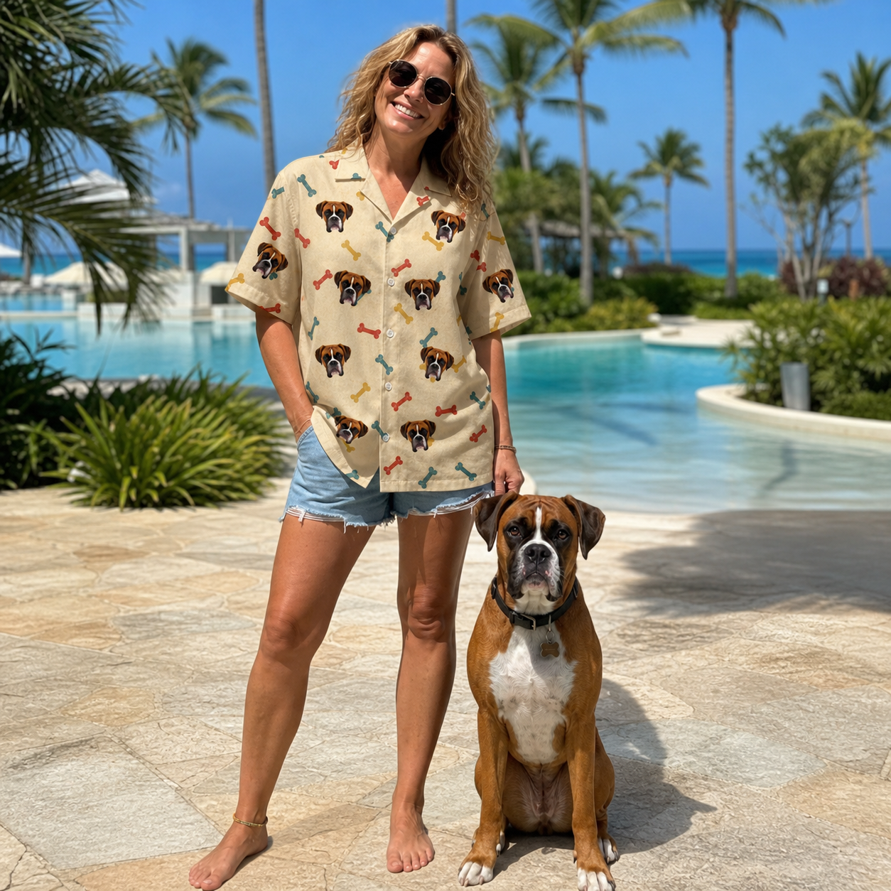 Full-length photo with the pet printed all over this Women's Chewsy Chompers Custom Dog Face Hawaiian Shirt