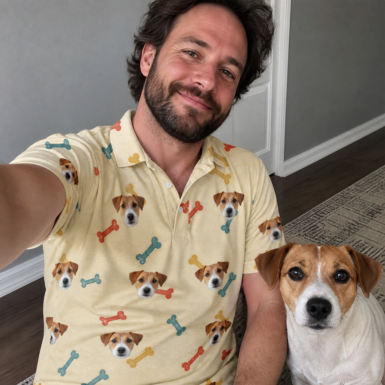 Selfie with the pet whose face is printed all over this Men's Chewsy Chompers Custom Dog Face Polo Shirt