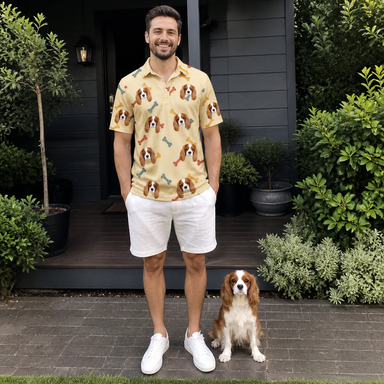 Full-length photo with the pet printed all over this Men's Chewsy Chompers Custom Dog Face Polo Shirt