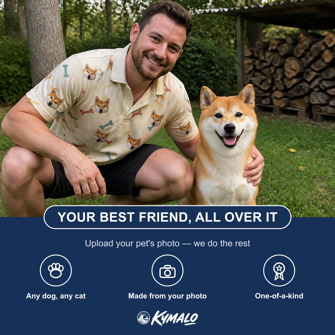 Friends in matching Men's Chewsy Chompers Custom Dog Face Polo Shirt — a group gift photo