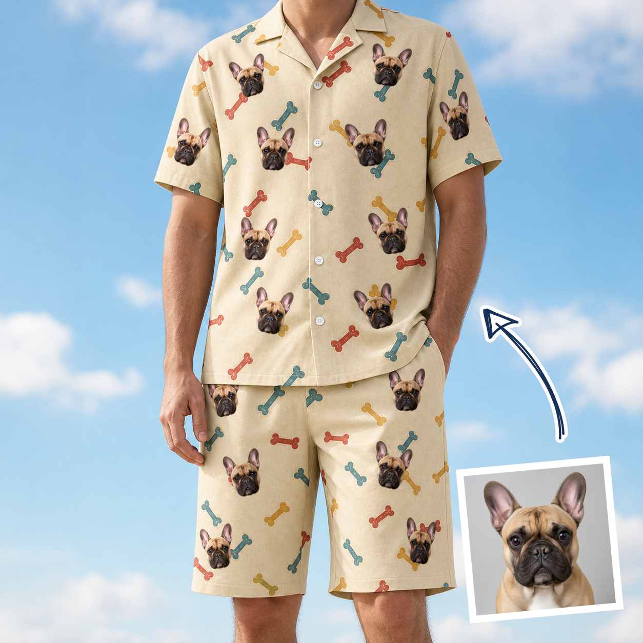 Man wearing Men's Chewsy Chompers Custom Dog Face Shirt & Shorts Set — custom faces printed all-over