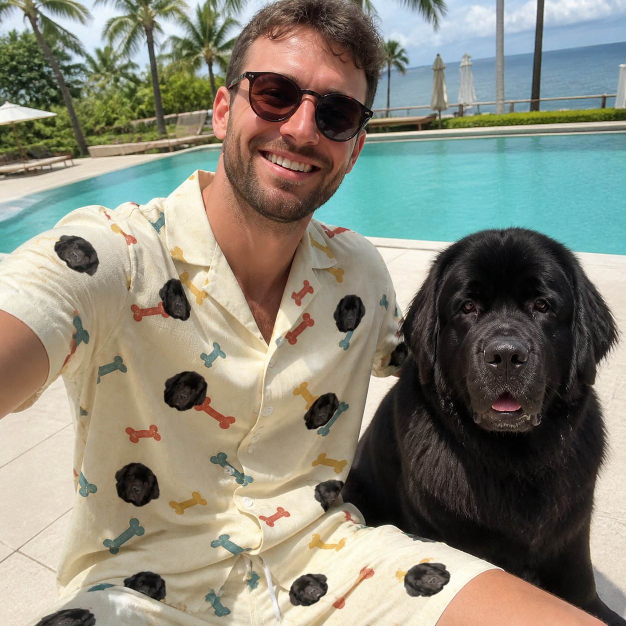 Selfie with the pet whose face is printed all over this Men's Chewsy Chompers Custom Dog Face Shirt & Shorts Set