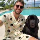 Selfie with the pet whose face is printed all over this Men's Chewsy Chompers Custom Dog Face Shirt & Shorts Set