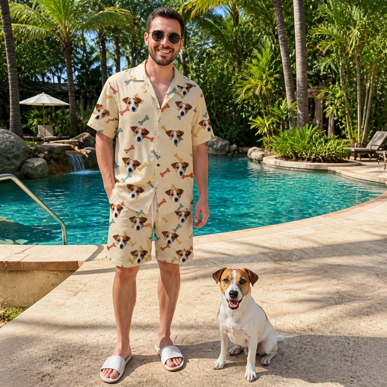 Full-length photo with the pet printed all over this Men's Chewsy Chompers Custom Dog Face Shirt & Shorts Set