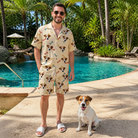 Full-length photo with the pet printed all over this Men's Chewsy Chompers Custom Dog Face Shirt & Shorts Set
