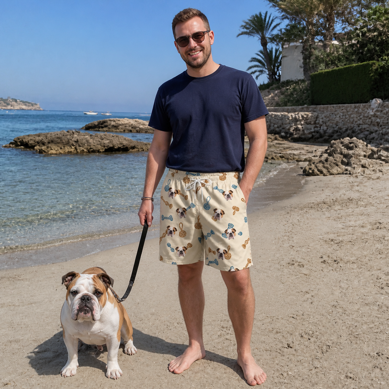 Full-length photo with the pet printed all over this Men's Knotty Companions Custom Dog Face Beach Shorts
