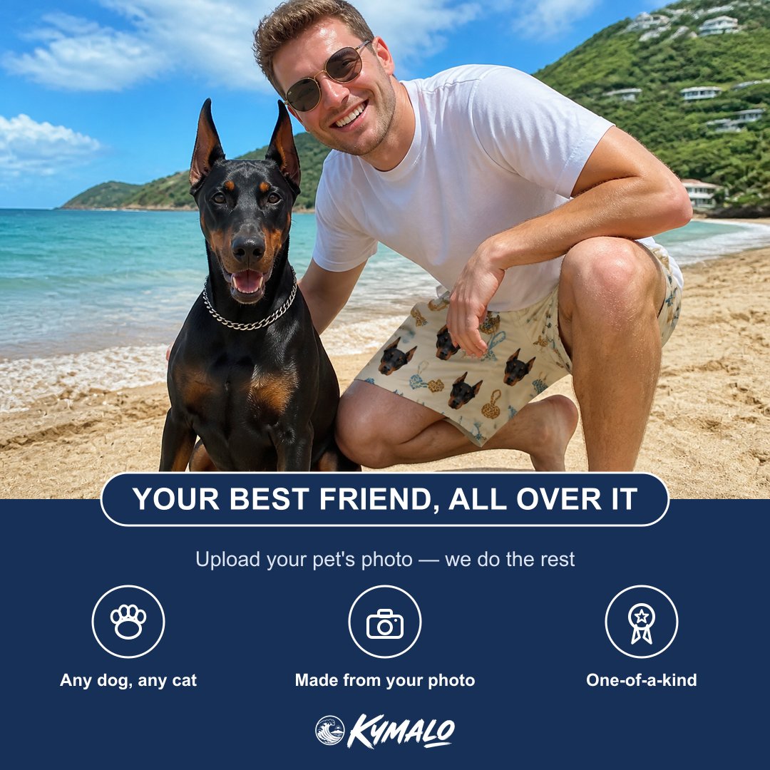 Friends in matching Men's Knotty Companions Custom Dog Face Beach Shorts — a group gift photo