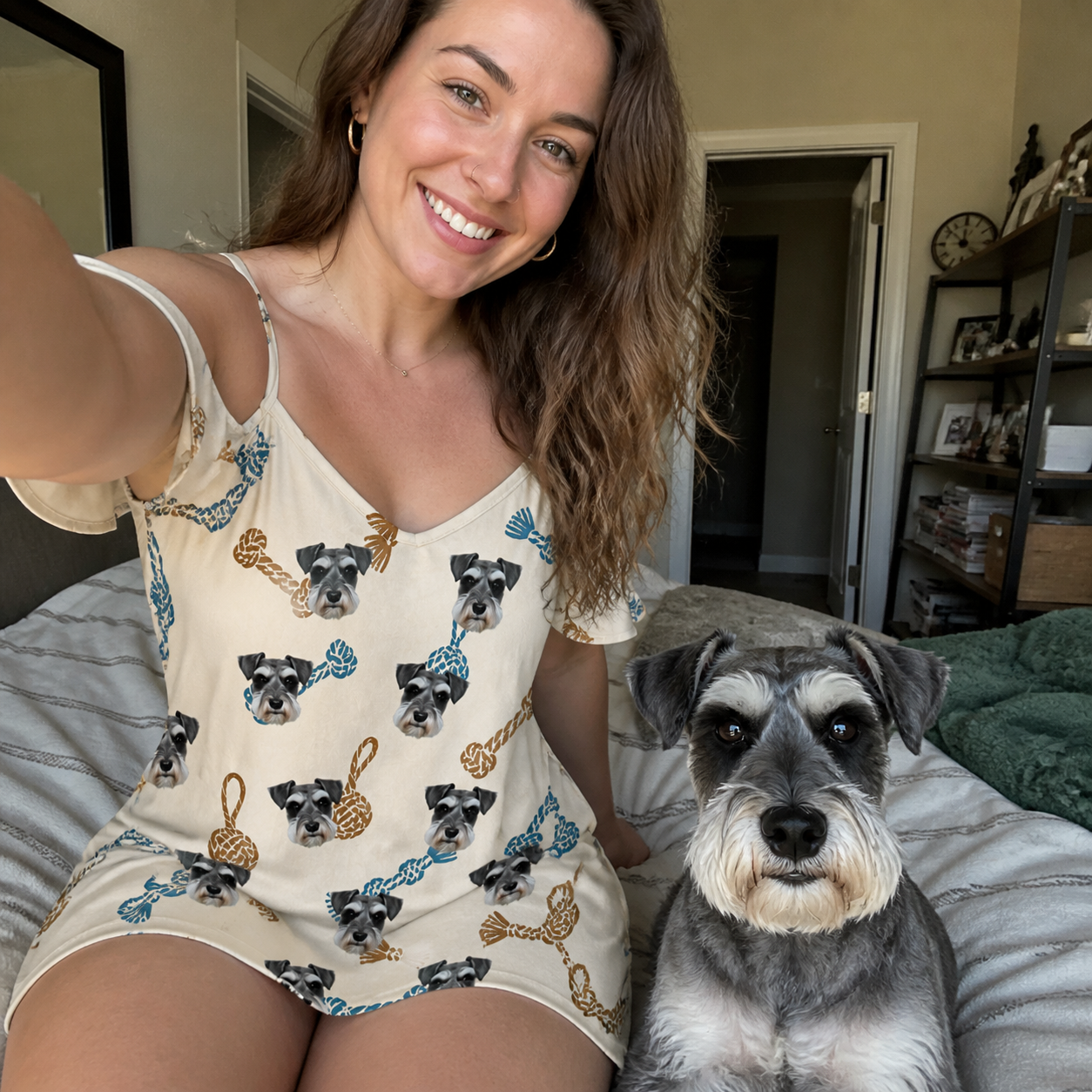 Selfie with the pet whose face is printed all over this Women's Knotty Companions Custom Dog Face Off-Shoulder Dress