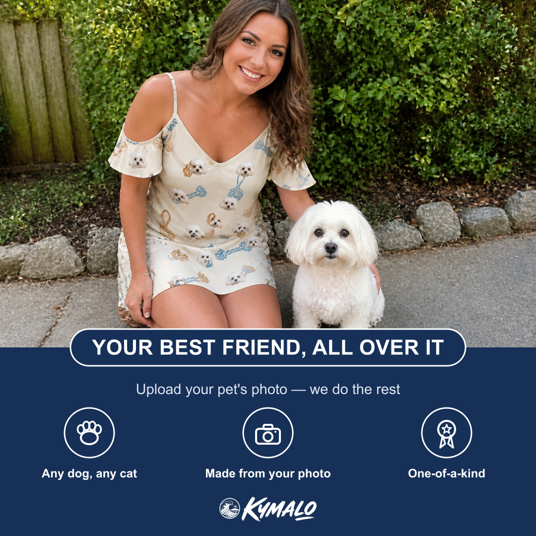 Friends in matching Women's Knotty Companions Custom Dog Face Off-Shoulder Dress — a group gift photo