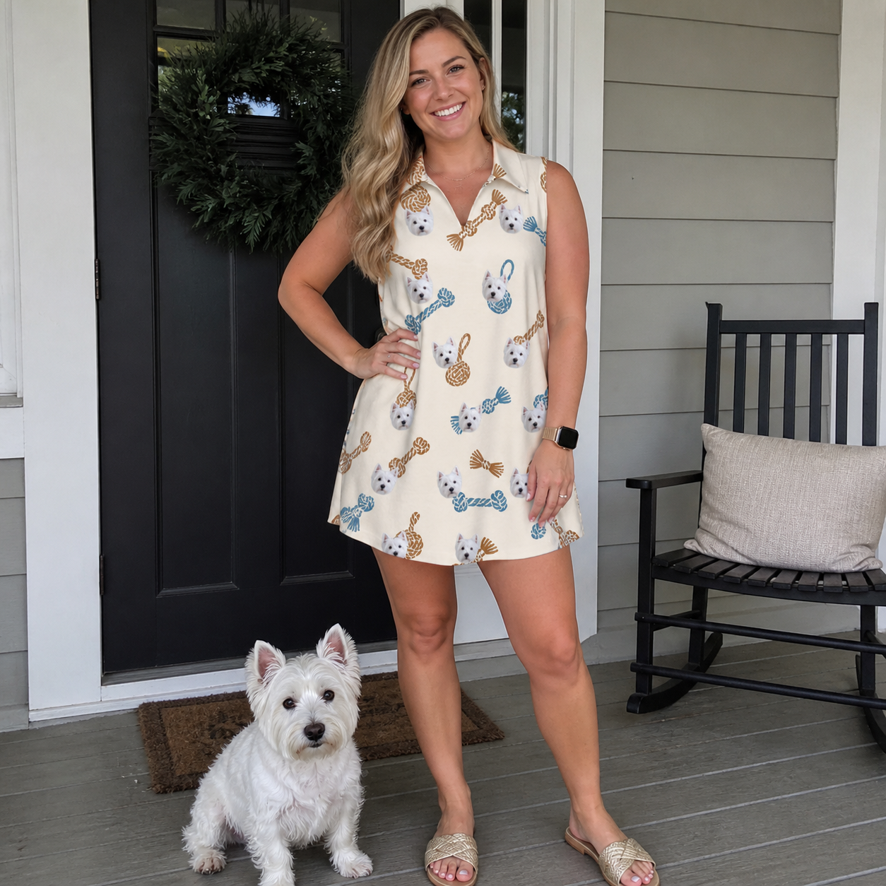 Full-length photo with the pet printed all over this Women's Knotty Companions Custom Dog Face V-Neck Dress